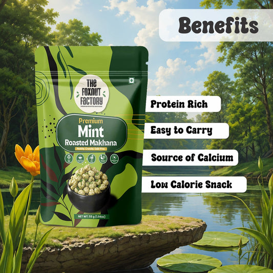The Foxnut Factory Mint Roasted Makhana – Refreshing and Crunchy Fox Nuts (Lotus Seeds), Ready-to-Eat, Gluten-Free Vegetarian, Plant Based, Not Fried Healthy Travel Friendly Snack