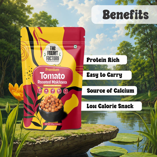 The Foxnut Factory Tomato Roasted Makhana – Zesty and Crunchy Fox Nuts (Lotus Seeds), Ready-to-Eat, Gluten-Free Vegetarian, Plant Based, Not Fried Healthy Travel Friendly Snack