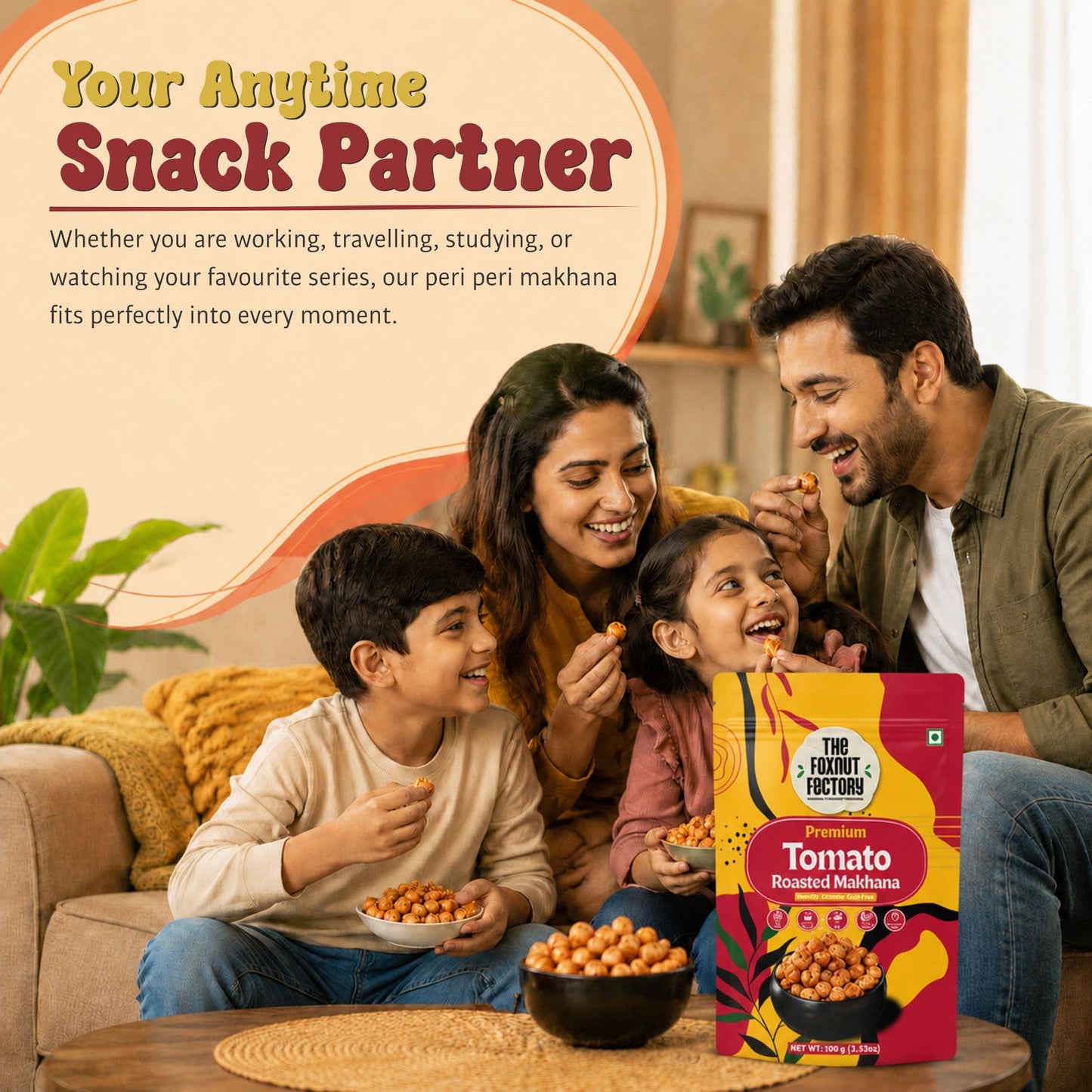 The Foxnut Factory Tomato Roasted Makhana – Zesty and Crunchy Fox Nuts (Lotus Seeds), Ready-to-Eat, Gluten-Free Vegetarian, Plant Based, Not Fried Healthy Travel Friendly Snack