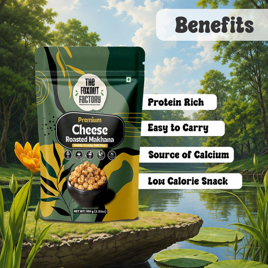 The Foxnut Factory Cheese Roasted Makhana – Crunchy and Tasty Fox Nuts (Lotus Seeds), Ready-to-Eat, Gluten-Free Vegetarian, Plant Based, Not Fried Healthy travel friendly Snack - The Foxnut Factory