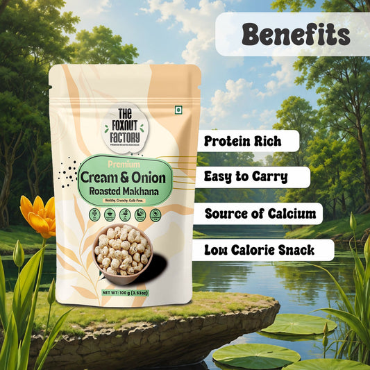 The Foxnut Factory Cream and Onion Roasted Maakhana Snacks,Helathy Fox Nuts,Gluten free Lotus Seeds,Crunchy Vegan Protien Snack - The Foxnut Factory