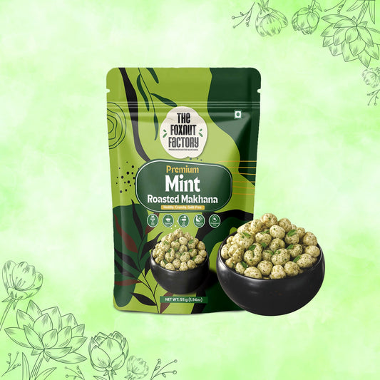 The Foxnut Factory Mint Roasted Makhana – Refreshing and Crunchy Fox Nuts (Lotus Seeds), Ready-to-Eat, Gluten-Free Vegetarian, Plant Based, Not Fried Healthy Travel Friendly Snack