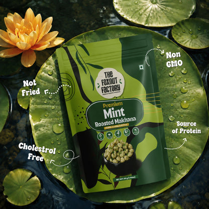 The Foxnut Factory Mint Roasted Makhana – Refreshing and Crunchy Fox Nuts (Lotus Seeds), Ready-to-Eat, Gluten-Free Vegetarian, Plant Based, Not Fried Healthy Travel Friendly Snack
