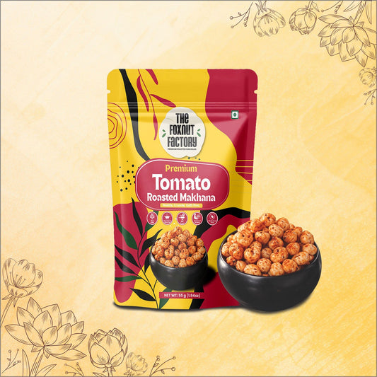 The Foxnut Factory Tomato Roasted Makhana – Zesty and Crunchy Fox Nuts (Lotus Seeds), Ready-to-Eat, Gluten-Free Vegetarian, Plant Based, Not Fried Healthy Travel Friendly Snack