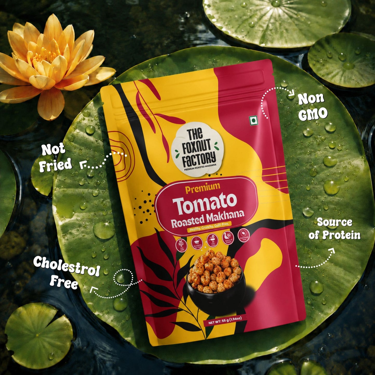The Foxnut Factory Tomato Roasted Makhana – Zesty and Crunchy Fox Nuts (Lotus Seeds), Ready-to-Eat, Gluten-Free Vegetarian, Plant Based, Not Fried Healthy Travel Friendly Snack