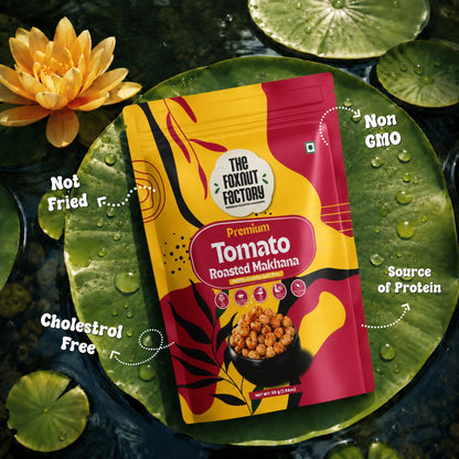 The Foxnut Factory Tomato Roasted Makhana – Zesty and Crunchy Fox Nuts (Lotus Seeds), Ready-to-Eat, Gluten-Free Vegetarian, Plant Based, Not Fried Healthy Travel Friendly Snack