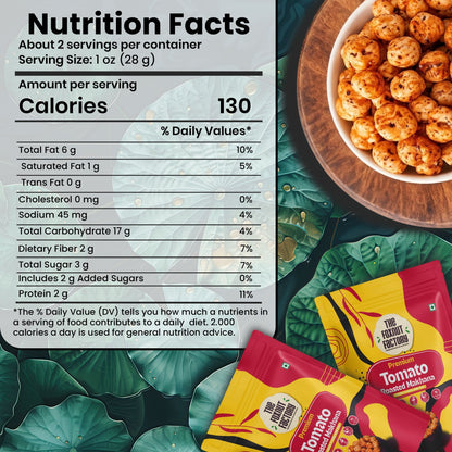 The Foxnut Factory Tomato Roasted Makhana – Zesty and Crunchy Fox Nuts (Lotus Seeds), Ready-to-Eat, Gluten-Free Vegetarian, Plant Based, Not Fried Healthy Travel Friendly Snack