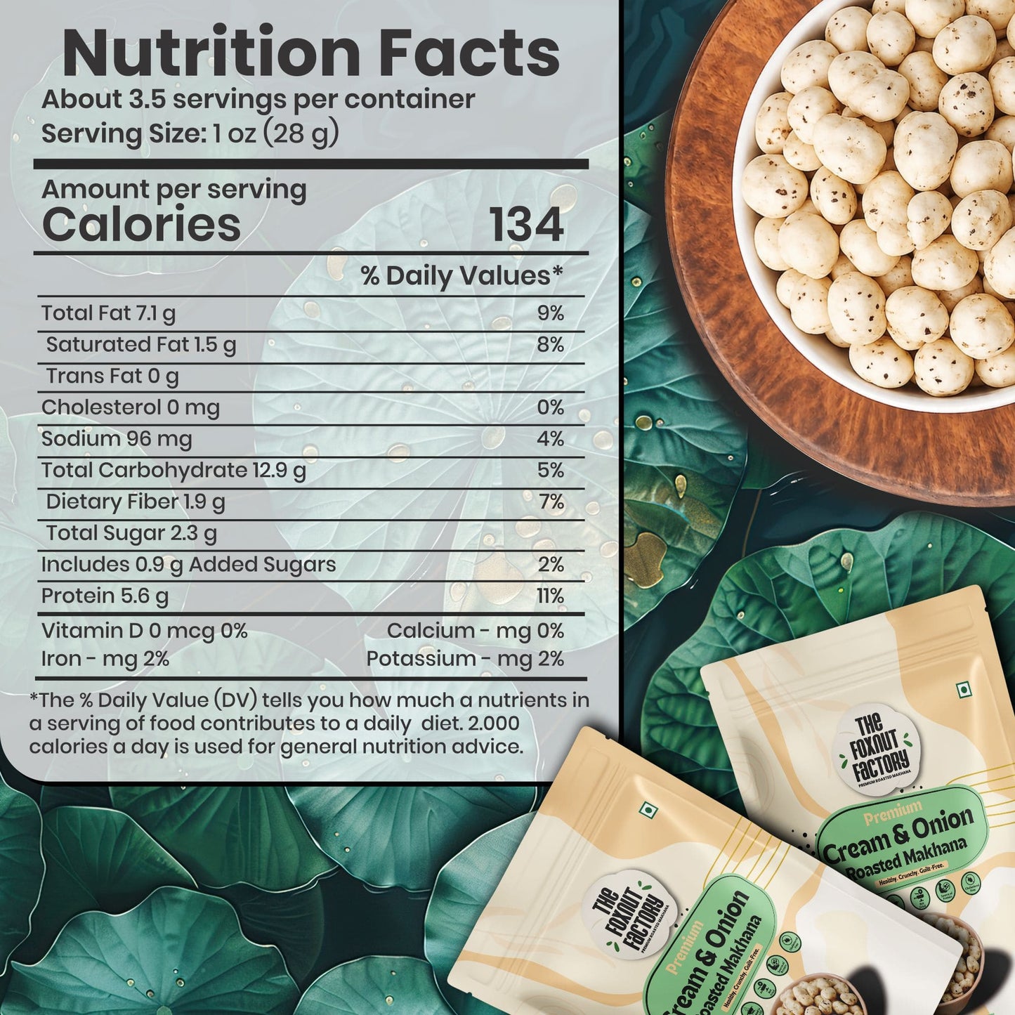 The Foxnut Factory Cream and Onion Roasted Maakhana Snacks,Helathy Fox Nuts,Gluten free Lotus Seeds,Crunchy Vegan Protien Snack - The Foxnut Factory