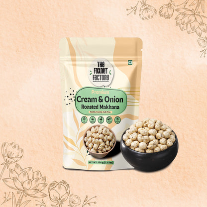 The Foxnut Factory Cream and Onion Roasted Maakhana Snacks,Helathy Fox Nuts,Gluten free Lotus Seeds,Crunchy Vegan Protien Snack - The Foxnut Factory