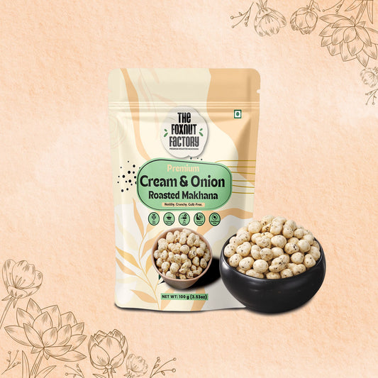 The Foxnut Factory Cream and Onion Roasted Maakhana Snacks,Helathy Fox Nuts,Gluten free Lotus Seeds,Crunchy Vegan Protien Snack - The Foxnut Factory