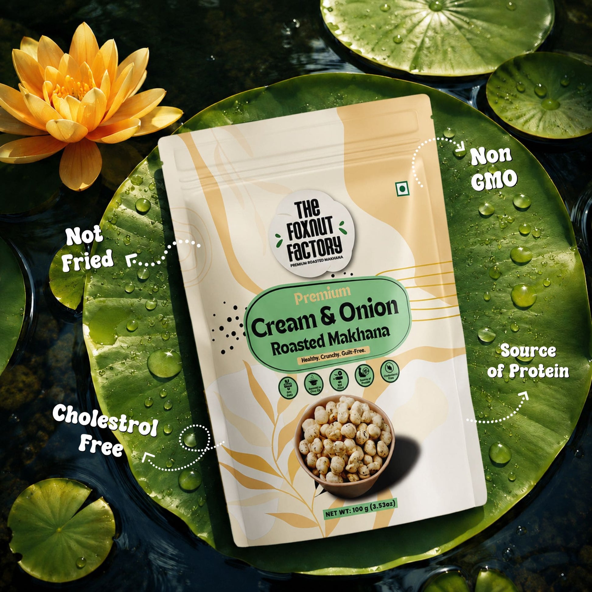 The Foxnut Factory Cream and Onion Roasted Maakhana Snacks,Helathy Fox Nuts,Gluten free Lotus Seeds,Crunchy Vegan Protien Snack - The Foxnut Factory