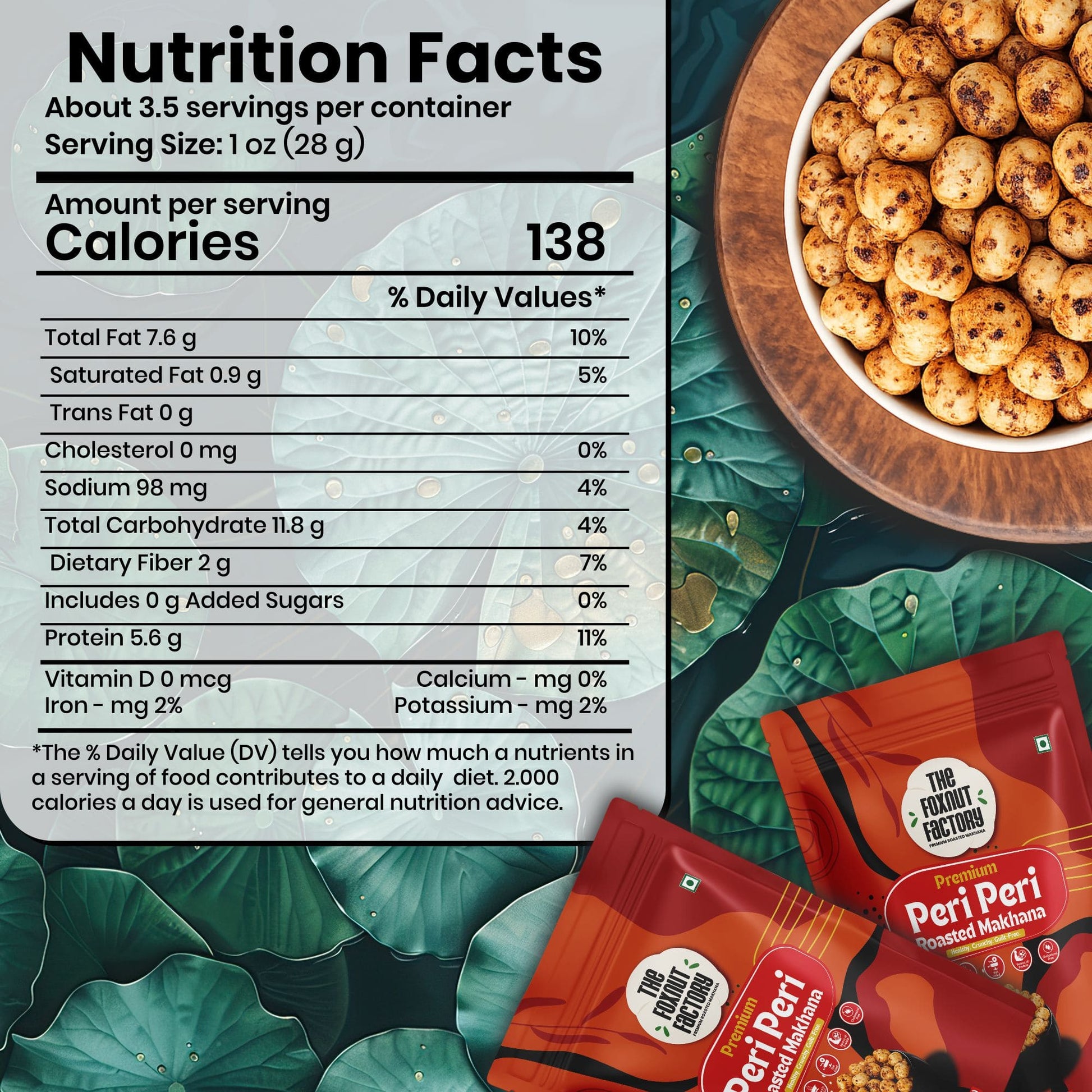 The Foxnut Factory Peri Peri Roasted Makhana – Tasty Spicy Fox Nuts (Lotus Seeds), Ready to Eat, Gluten Free Vegetarian, Plant Based, Low Calorie, Not Fried Snack - The Foxnut Factory
