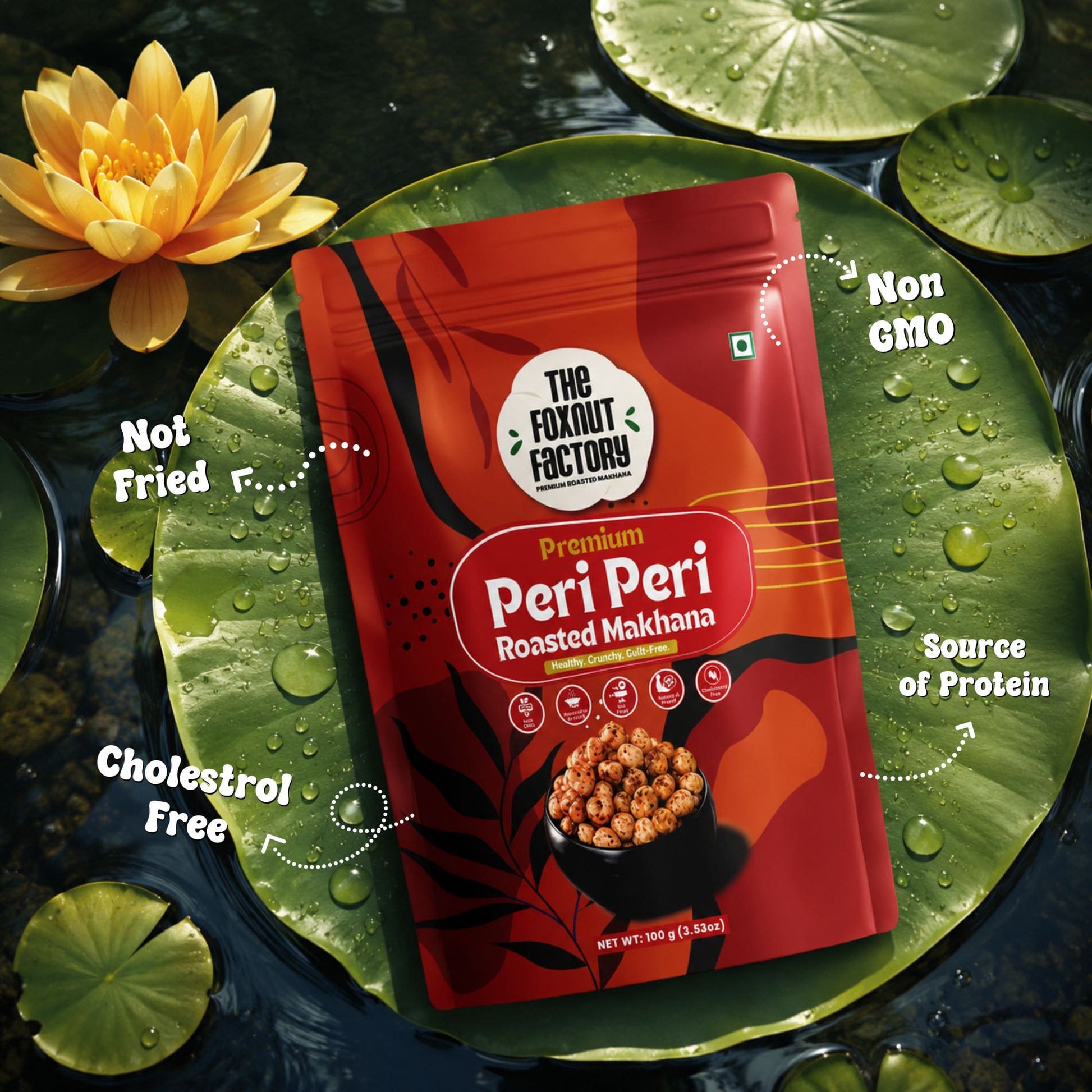 The Foxnut Factory Peri Peri Roasted Makhana – Tasty Spicy Fox Nuts (Lotus Seeds), Ready to Eat, Gluten Free Vegetarian, Plant Based, Low Calorie, Not Fried Snack - The Foxnut Factory