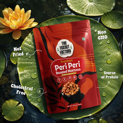 The Foxnut Factory Peri Peri Roasted Makhana – Tasty Spicy Fox Nuts (Lotus Seeds), Ready to Eat, Gluten Free Vegetarian, Plant Based, Low Calorie, Not Fried Snack - The Foxnut Factory