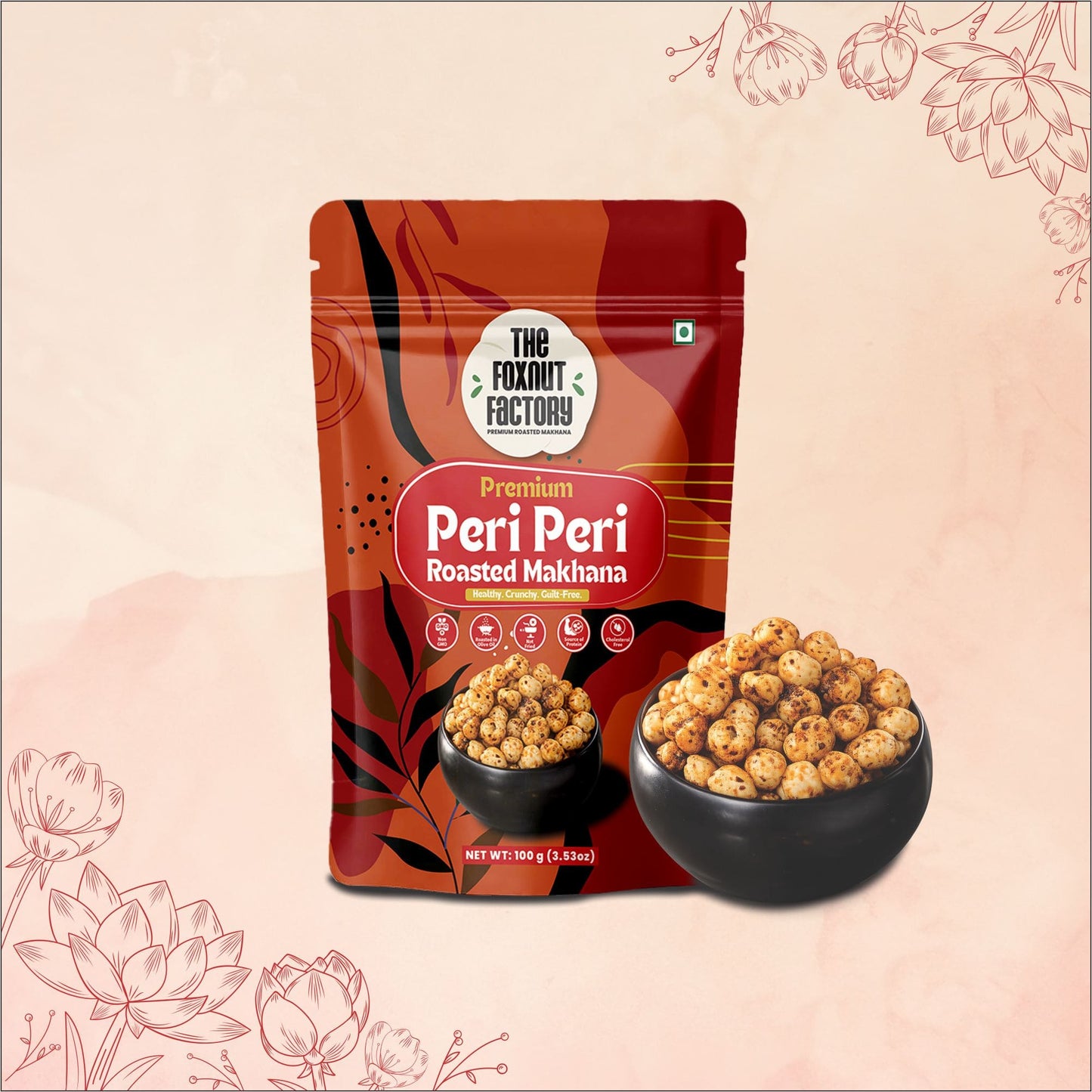 The Foxnut Factory Peri Peri Roasted Makhana – Tasty Spicy Fox Nuts (Lotus Seeds), Ready to Eat, Gluten Free Vegetarian, Plant Based, Low Calorie, Not Fried Snack - The Foxnut Factory
