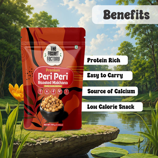 The Foxnut Factory Peri Peri Roasted Makhana – Tasty Spicy Fox Nuts (Lotus Seeds), Ready to Eat, Gluten Free Vegetarian, Plant Based, Low Calorie, Not Fried Snack - The Foxnut Factory