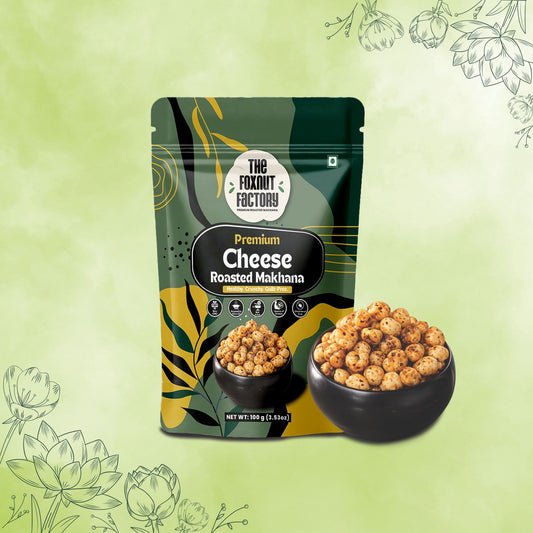 The Foxnut Factory Cheese Roasted Makhana – Crunchy and Tasty Fox Nuts (Lotus Seeds), Ready-to-Eat, Gluten-Free Vegetarian, Plant Based, Not Fried Healthy travel friendly Snack - The Foxnut Factory