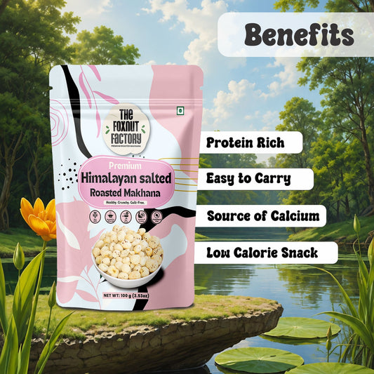 The Foxnut Factory Himalayan Salt Roasted Makhana – Tasty Crunchy Fox Nuts (Lotus Seeds), Ready to Eat, Gluten Free Vegetarian, Plant Based, Not Fried, Healthy Alternative Snack - The Foxnut Factory